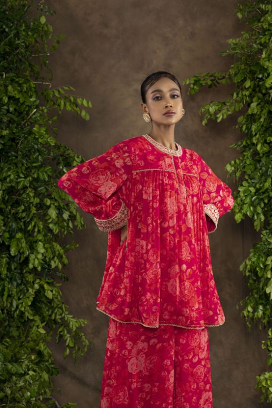 Fuchsia orange floral printed top with palazzo